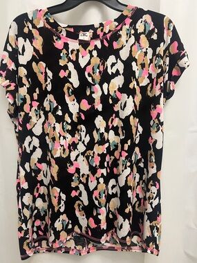 Black/Multi Leopard Short Sleeve Print Tee with Pink & Tan Accents